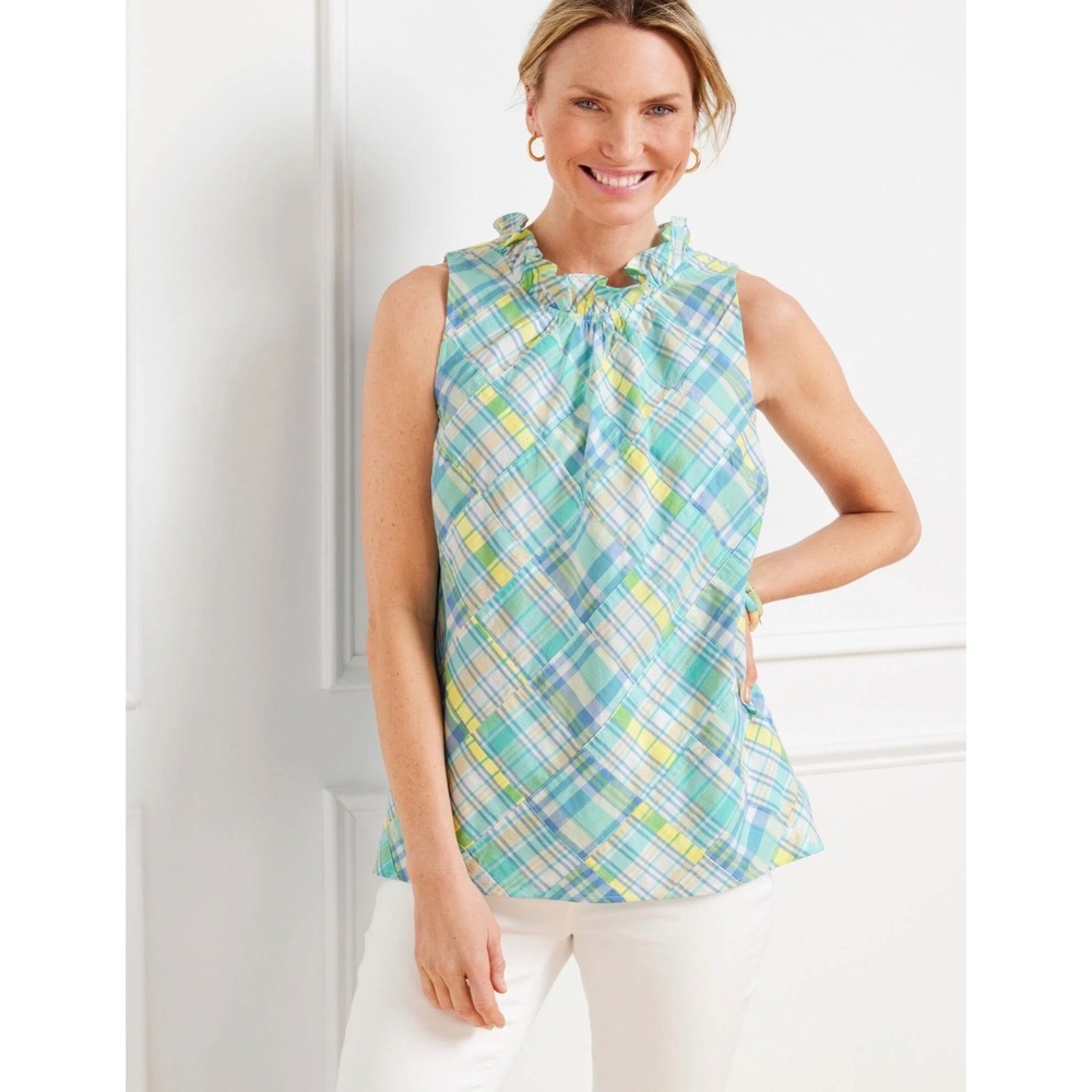 Talbots Plus 1X Sleeveless Plaid Blouse Ruffle Neck Blue Green Yellow Cotton Top